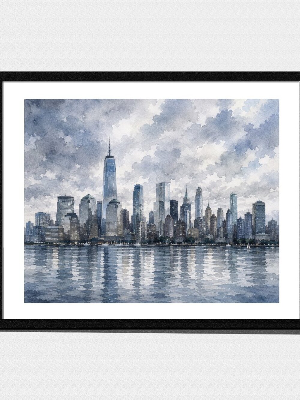Art Print, Contemporary Blue Gray Cloudy Sky Harbor Cityscape